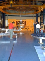 The 8.2 meter mirror is wheeled into this room beneath that orange structure in order to have it re-aluminized.