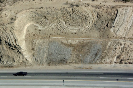 Tight folding, like a crumpled rug, of the 2 m.y. old beds just north of the San Andreas fault