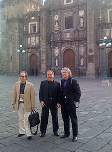 Lawrence Krauss, Me and Steve Pinker — “the three amigos” — in front of the Puebla Cathedral