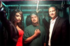 L to R Shira Lazar, Ryan Johnson & Brian Dunning in a creepy Meat Locker for Truth Hurts Web Series.