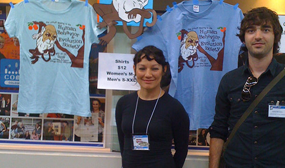 The friendly folks behind the registration counter were efficient in processing the badges for the 450+ attendees, plus selling you a t-shirt or two of primate Darwin, denoting that this year’s HBES conference celebrates the 200th anniversary of Darwin’s birth and the 150th anniversary of the publication of <em>The Origin of Species</em>.