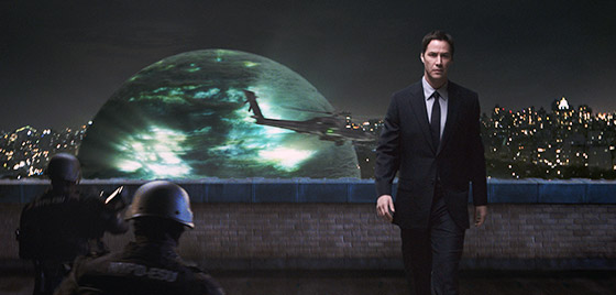 Klaatu's (Keanu Reeves) arrival on Earth via a giant sphere, triggers a global upheaval (photo credit: WETA, copyright 2008 Twentieth Century Fox Film Corporation)